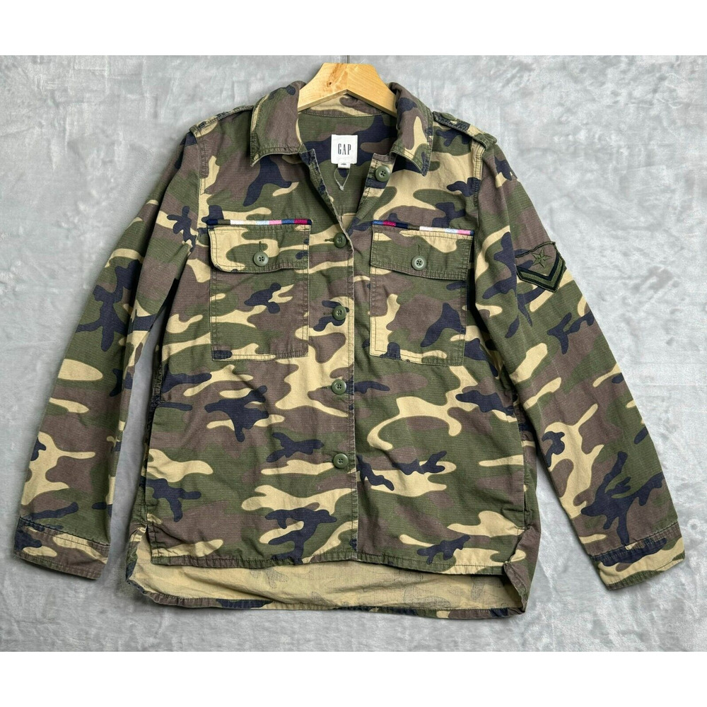 GAP Military Jacket Womens Small Green Camo Embroidered Pockets Patch Cotton